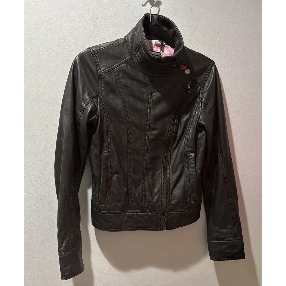 Ted Baker Black Leather Jacket Moto Silver Hardware Size 0 Biker